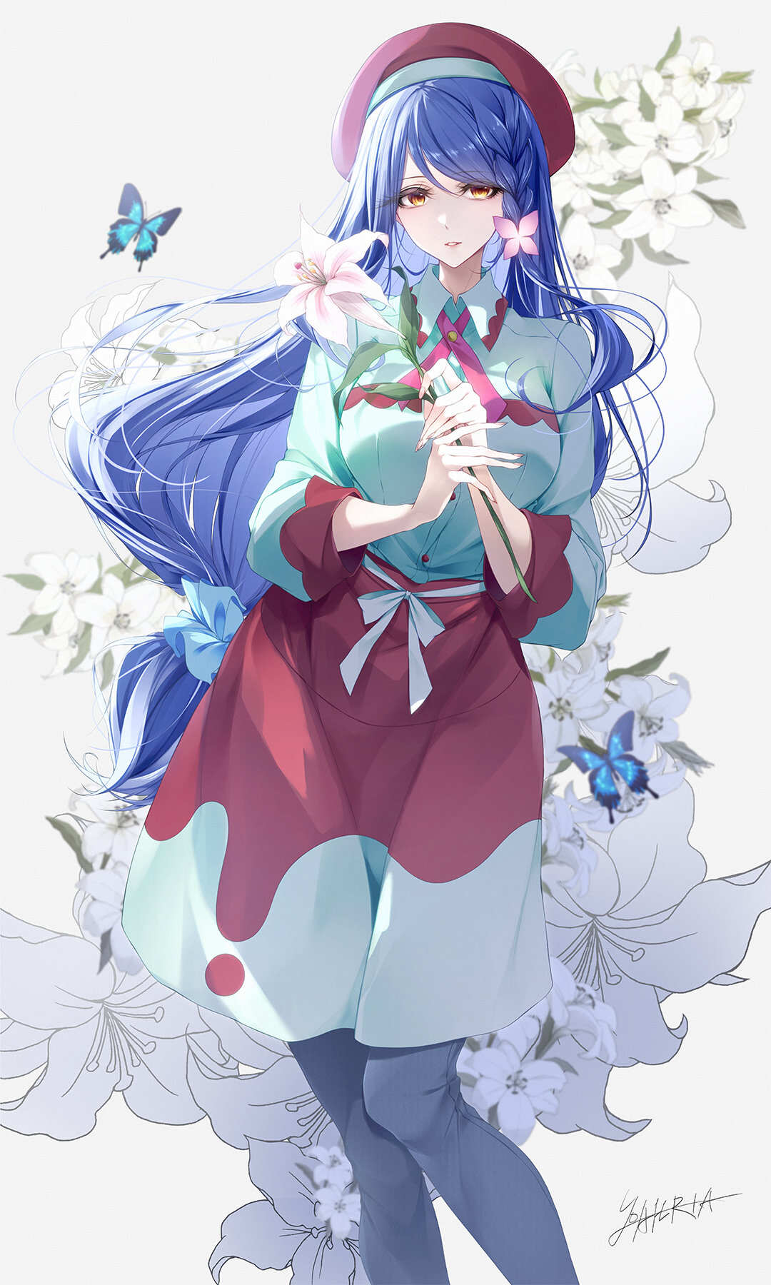 蓝色长发女孩花卉主题壁纸