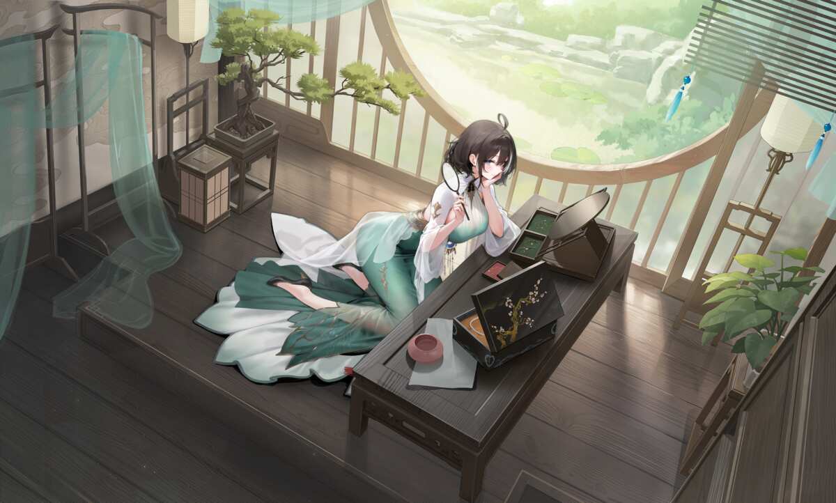 古风美人绿裙静坐