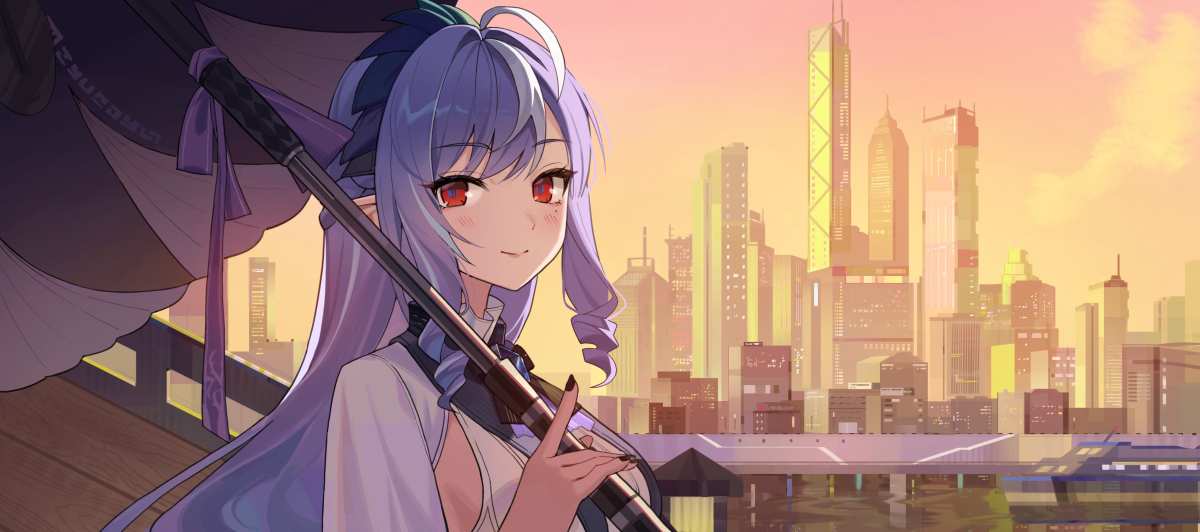 紫发少女与城市日落