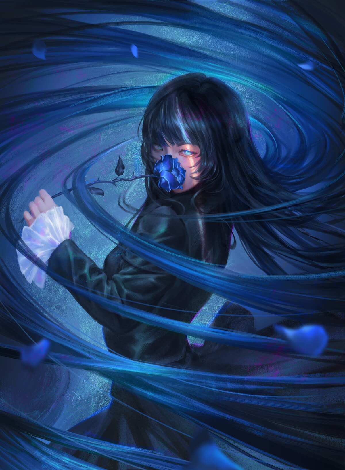 蓝色玫瑰与长发