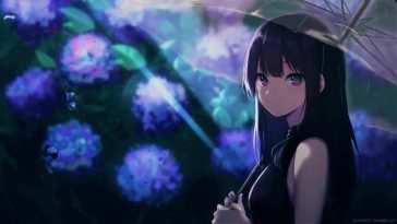 动漫女孩雨中花园伞下动态壁纸
