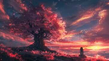 高清动漫美女樱花树下夕阳余晖动态壁纸，适合桌面背景