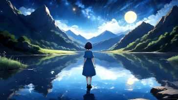 动漫女孩湖畔站立动态壁纸