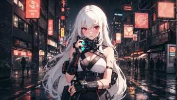 赛博朋克动漫女孩雨中都市动态壁纸