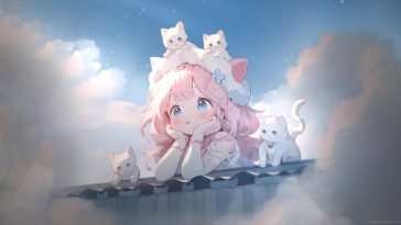 动漫女孩与猫咪云中动态壁纸