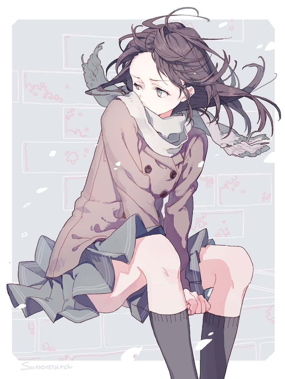 冬日风雪中的动漫女孩