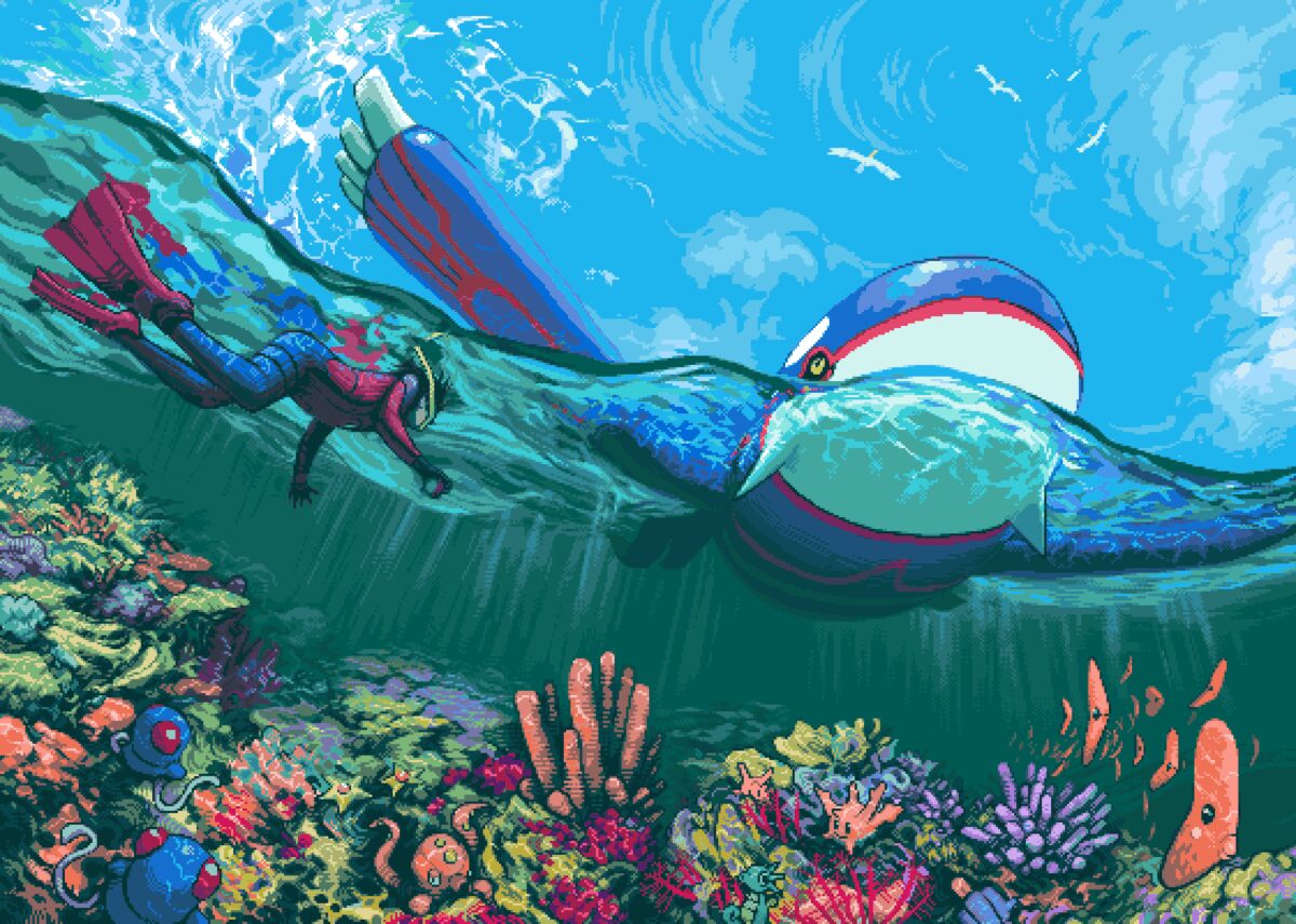 像素海洋生物与潜水员