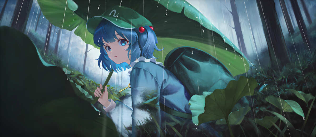 雨中蓝发少女