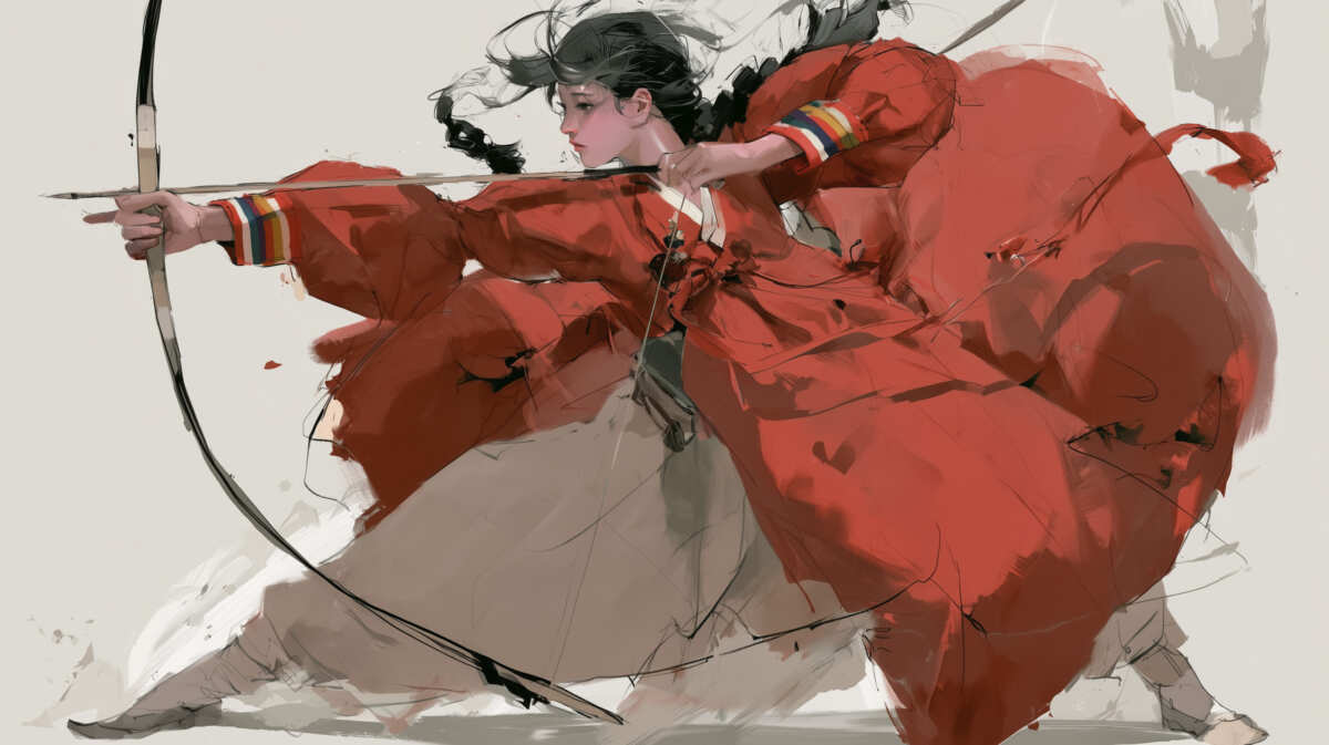 红色传统服饰射箭女子