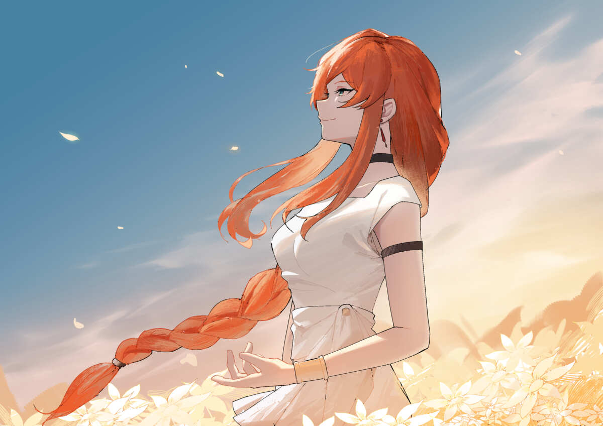红发女孩与花海