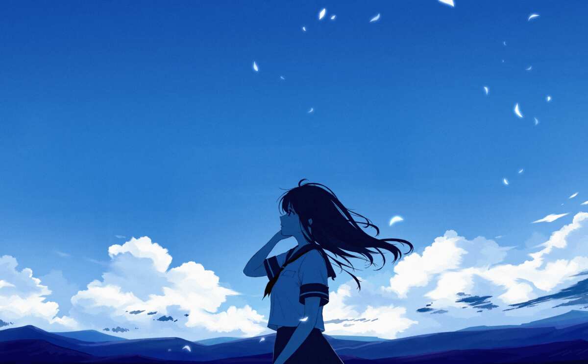 蓝色天空下的长发女孩