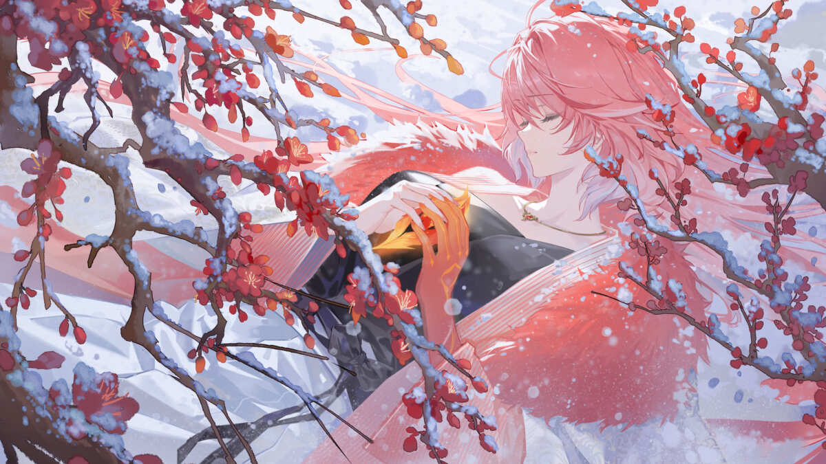 粉发女子与雪景