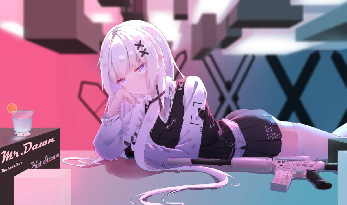 白色长发少女粉色枪械桌面壁纸