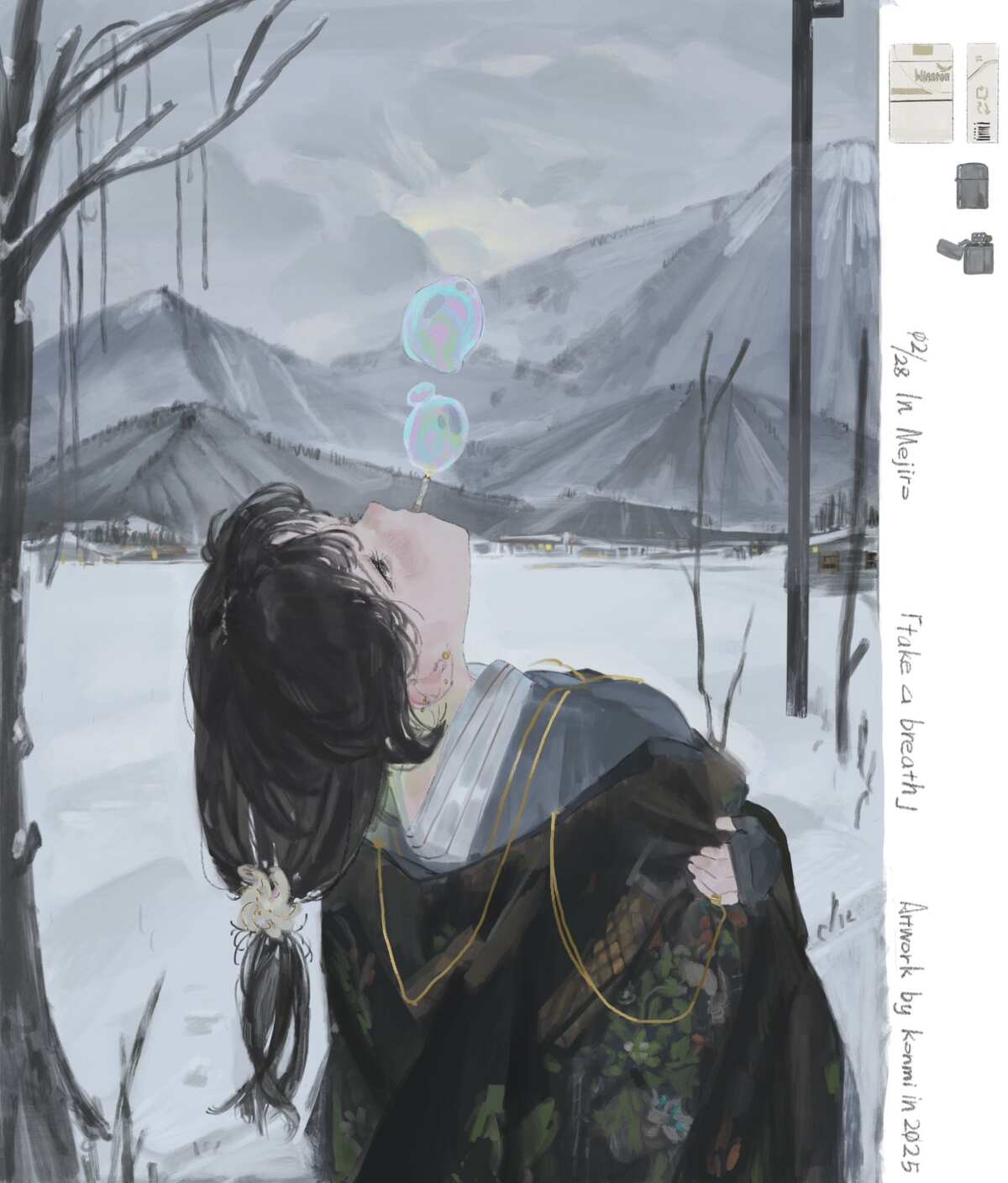 冬日山间吹泡泡