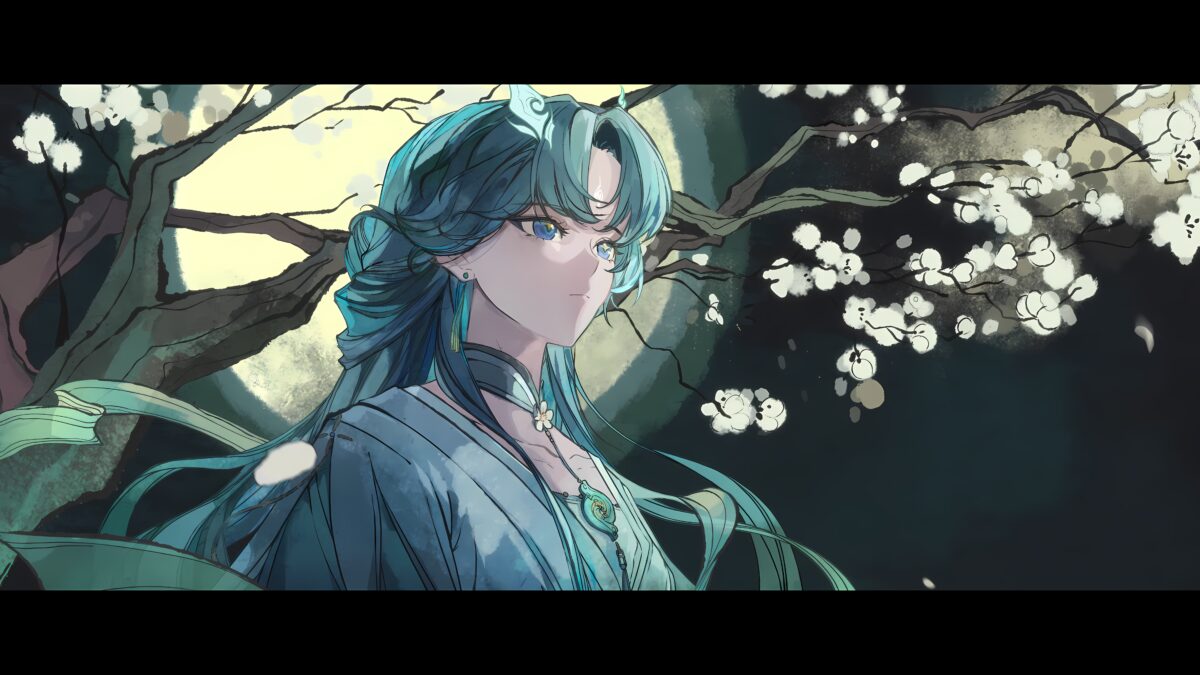 蓝发女子与樱花