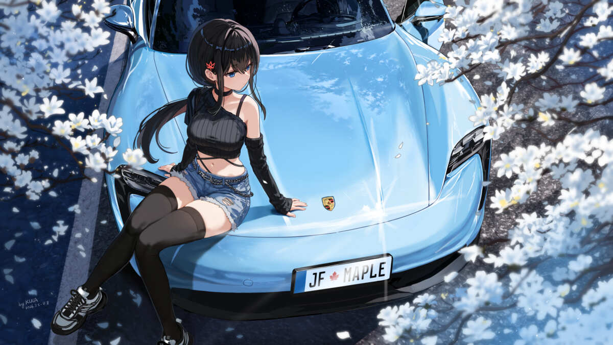 樱花下的蓝色跑车
