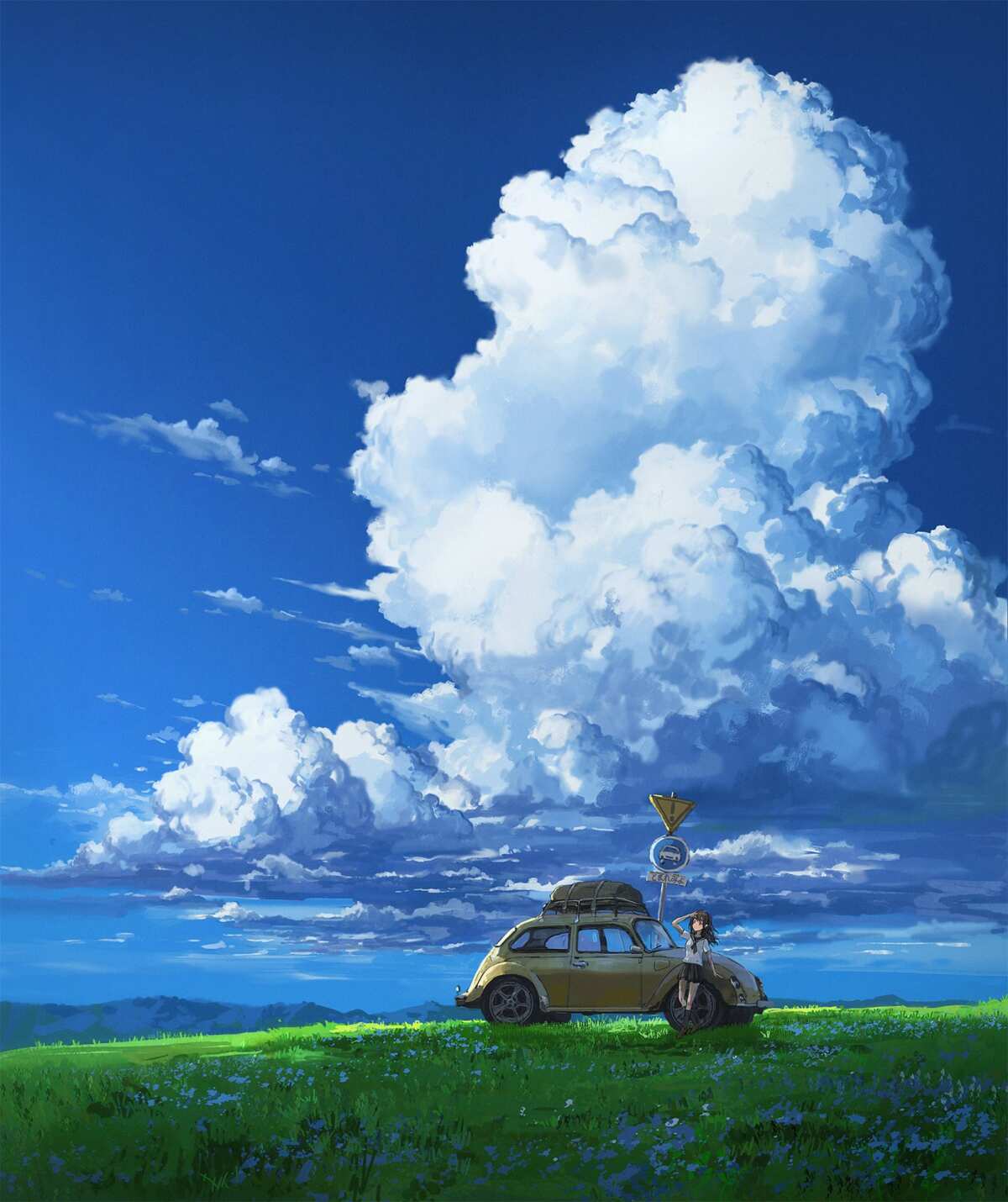 云上少女与黄色小车