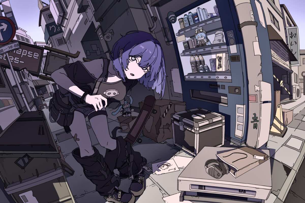 紫发少女与阳光下的街头