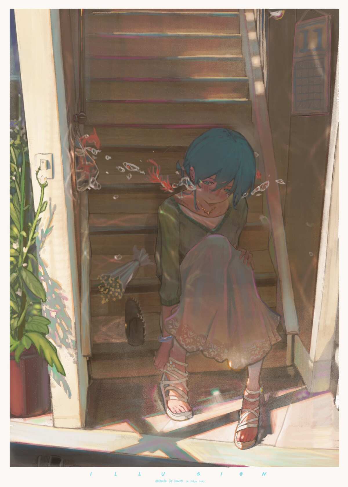 蓝色短发女孩楼梯静物