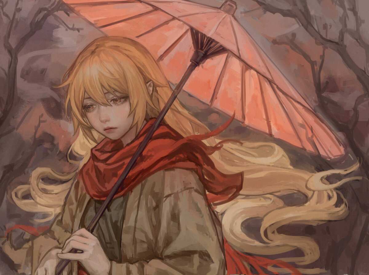 金发少女与红伞