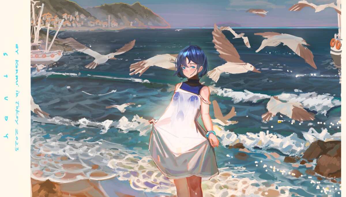 蓝色短发女孩海边