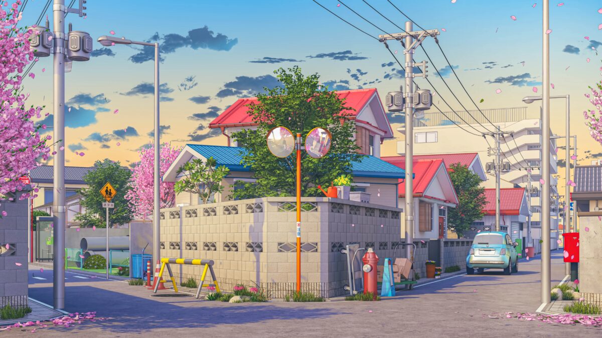 日落下的樱花街道