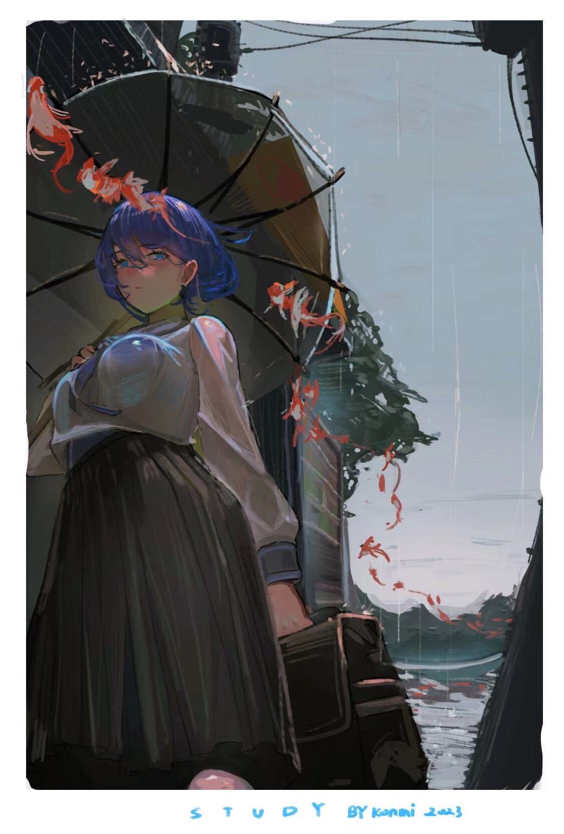 蓝色发梢的雨中少女
