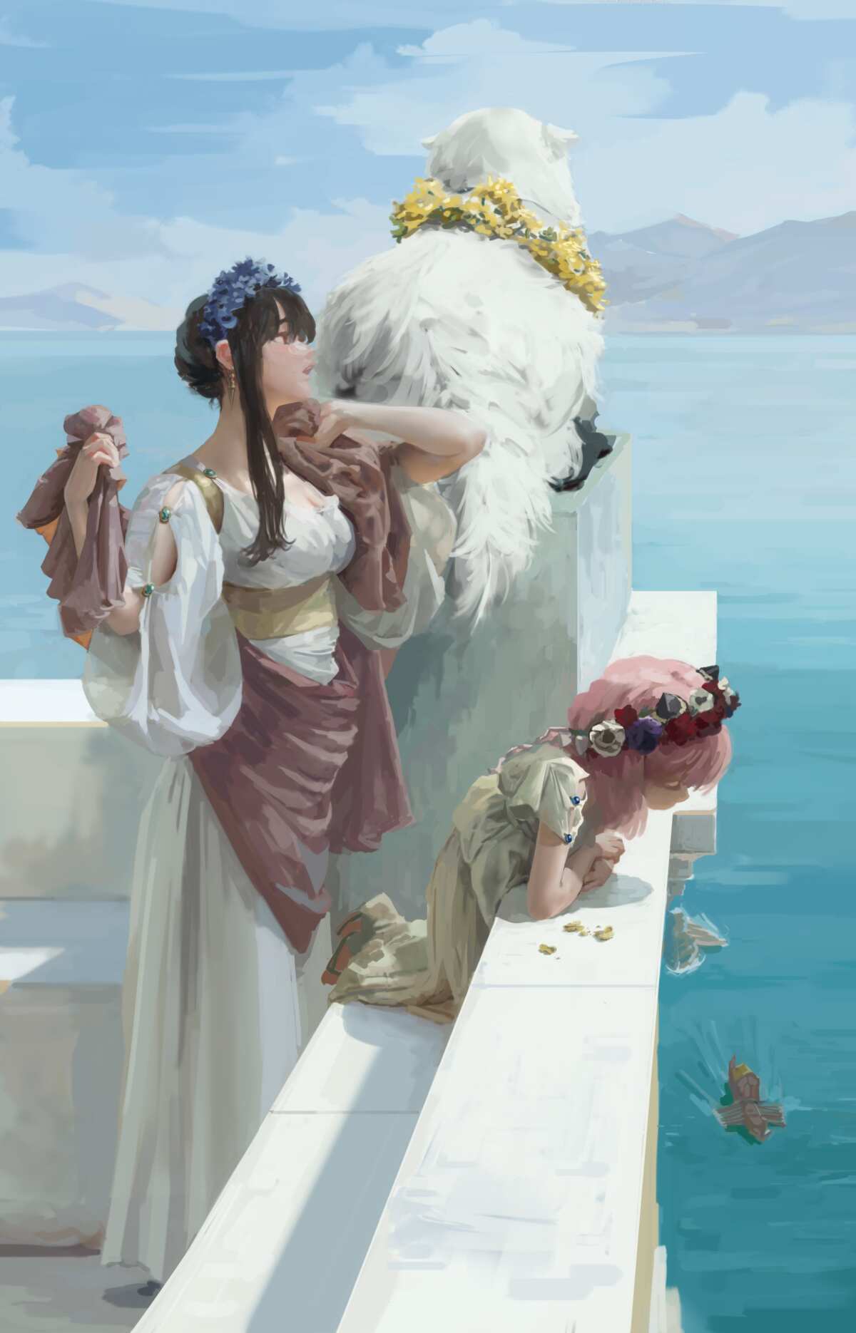 海边少女与白狗