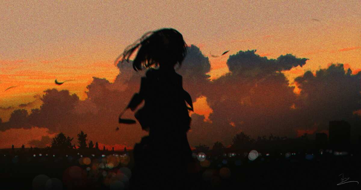 日落下的动漫女孩