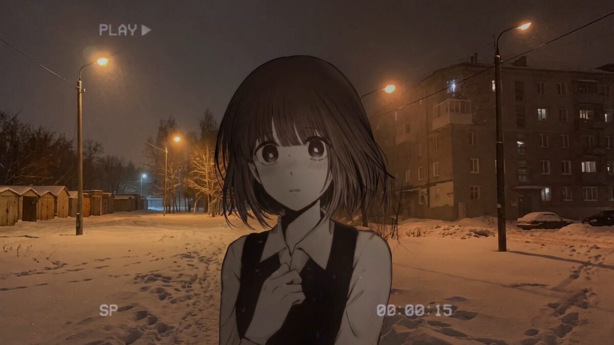 雪夜街灯下的动漫女孩