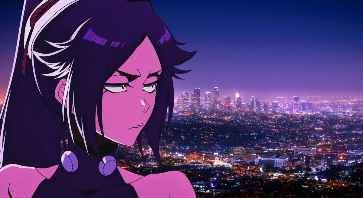 夜幕下的城市与动漫女孩