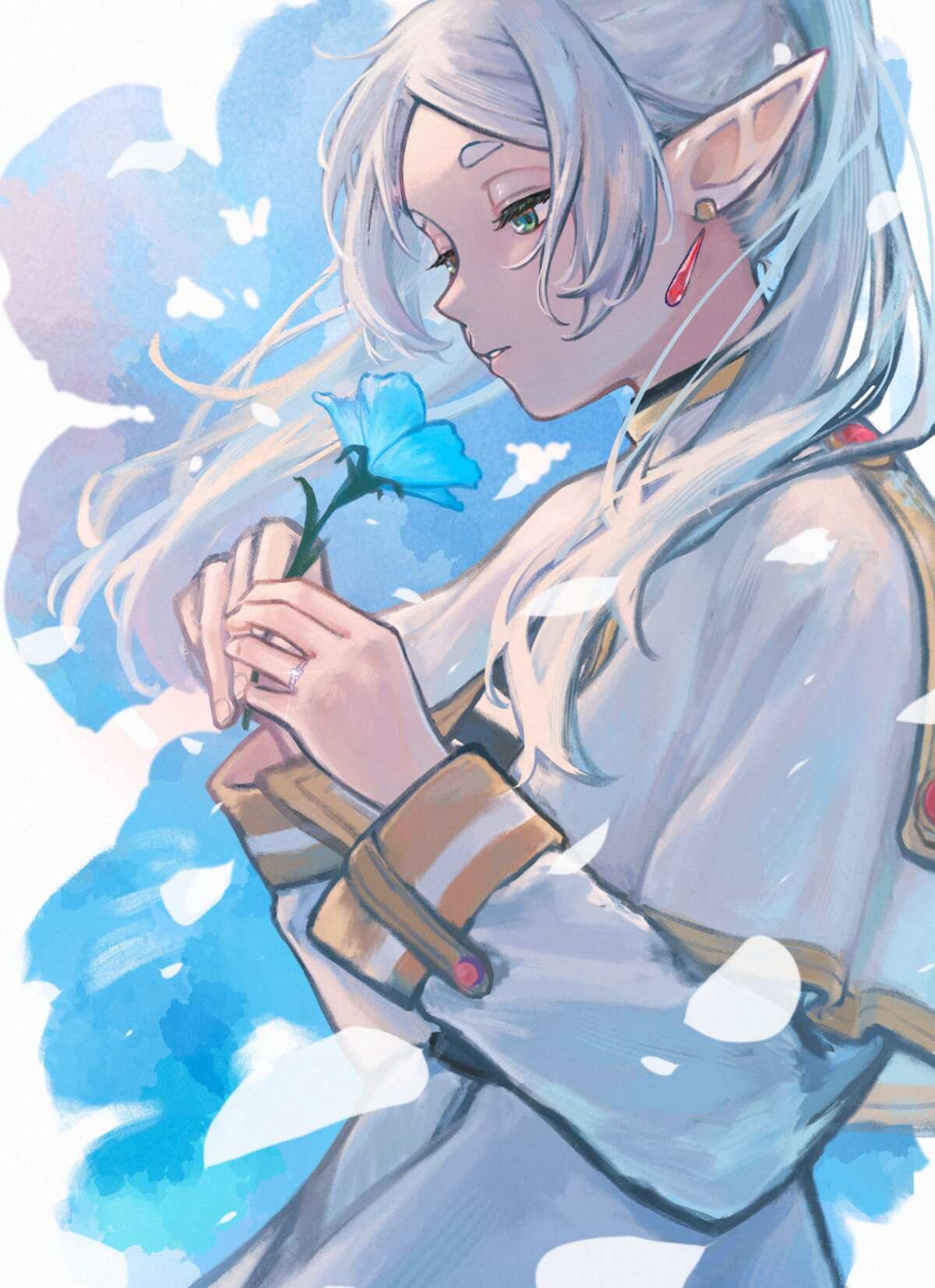 白发少女与蓝色花朵